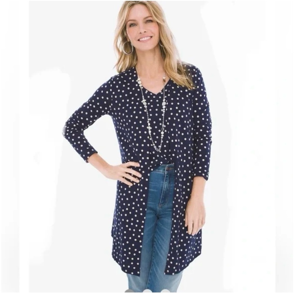 NEW Chico’s Lots Of Dots Open Front Long Sleeve Cardigan Blue Polkadot Size 2/L